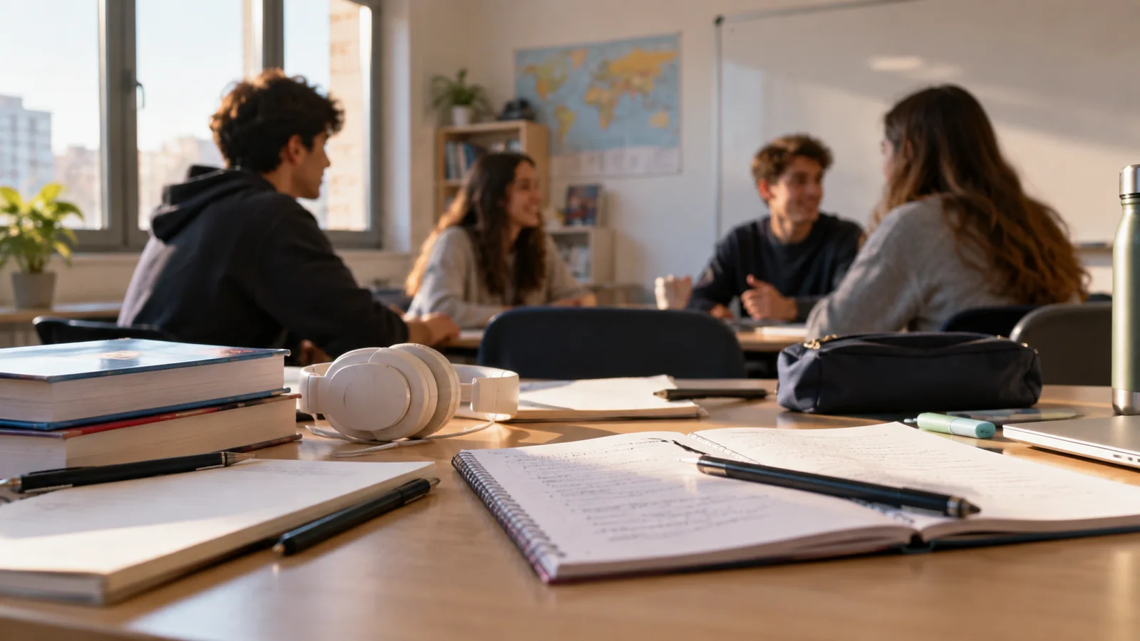 Cuadernos y auriculares preparados para estudiar inglés, imagen editorial