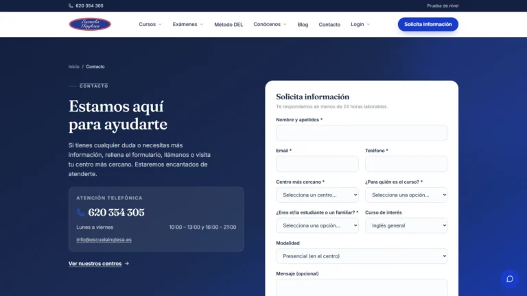 Captura de la página de contacto oficial de Escuela Inglesa y sus sedes en Madrid