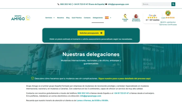Captura de la web oficial de Grupo Amygo y sus delegaciones de mudanzas