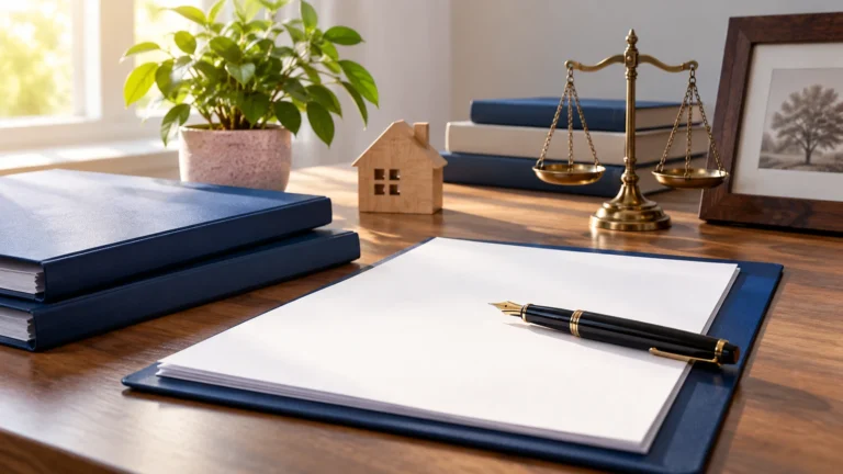 Ilustración editorial de documentos hereditarios y una vivienda; no representa a Valenzuela Gestión ni sus instalaciones.