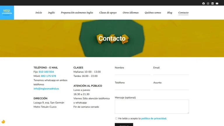 Captura de la página de contacto oficial de Yes! La Academia en Madrid