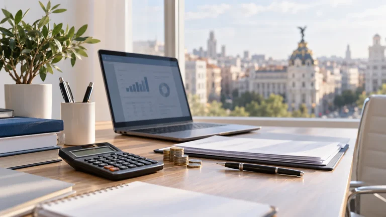 Escritorio de gestoría con calculadora, documentos y vista urbana de Madrid