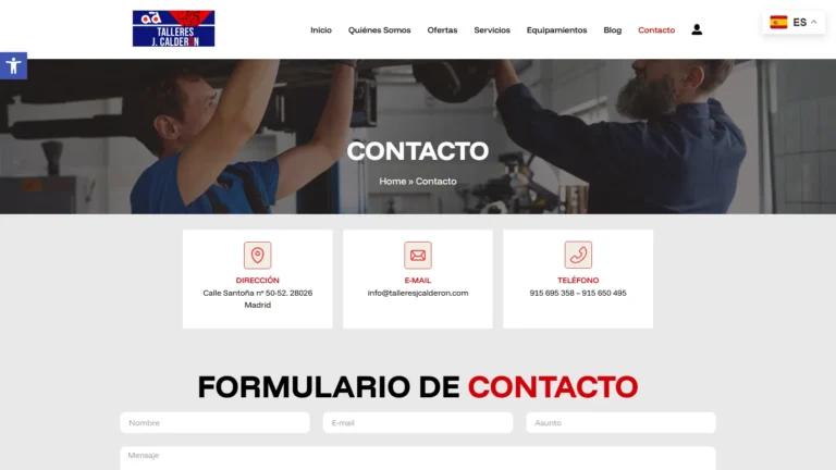 Captura de la web oficial de Talleres J. Calderón, tomada el 13 de octubre de 2026.