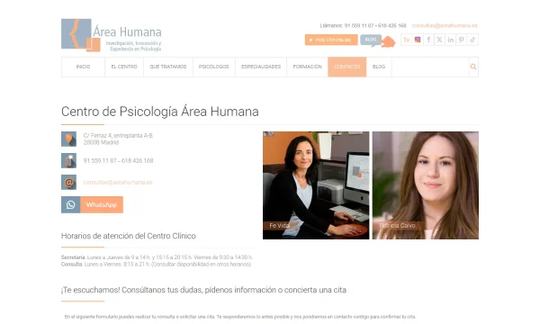 Captura de la web oficial del centro de psicología Área Humana en Madrid