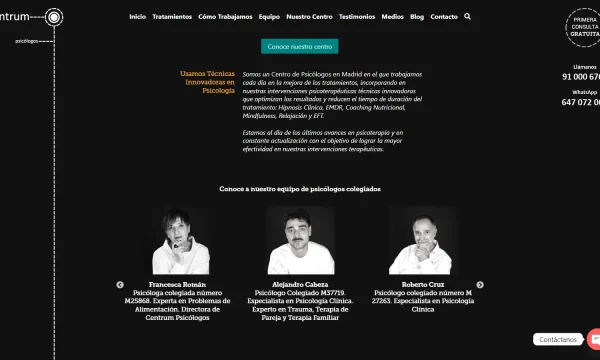 Captura de la web oficial de Centrum Psicólogos con su equipo profesional