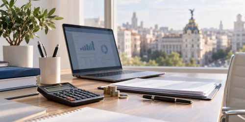 Escritorio de gestoría con calculadora, documentos y vista urbana de Madrid