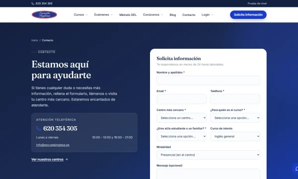 Captura de la página de contacto oficial de Escuela Inglesa y sus sedes en Madrid