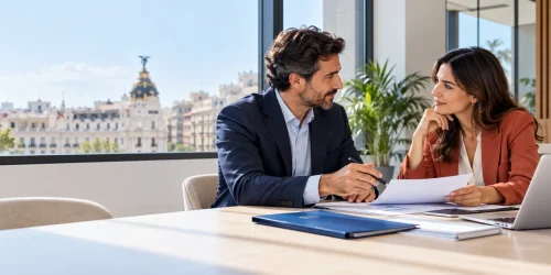 Ilustración editorial de una mesa de gestoría con documentos y el perfil urbano de Madrid; no representa un despacho concreto.