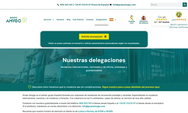 Captura de la web oficial de Grupo Amygo y sus delegaciones de mudanzas