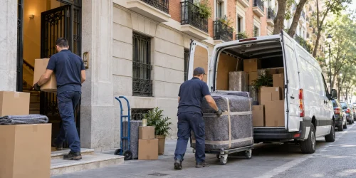 Equipo profesional realizando una mudanza organizada en una calle de Madrid
