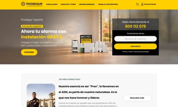 Web oficial de Prosegur con un sistema de alarma para hogares