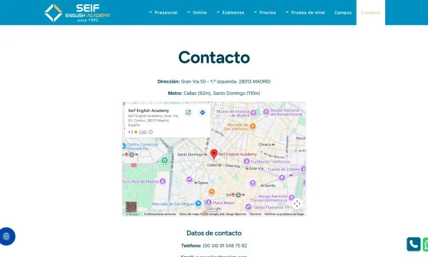 Captura de la página de contacto oficial de Seif English Academy en Madrid