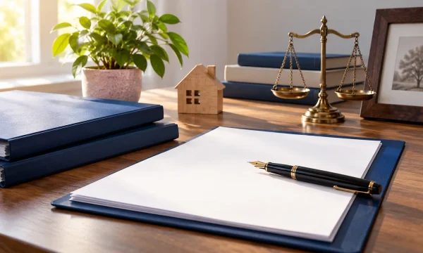 Ilustración editorial de documentos hereditarios y una vivienda; no representa a Valenzuela Gestión ni sus instalaciones.