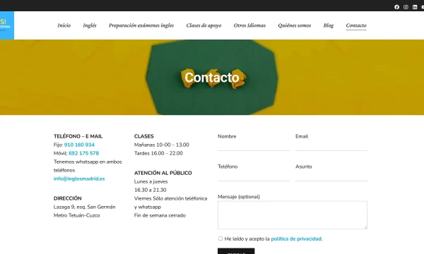 Captura de la página de contacto oficial de Yes! La Academia en Madrid